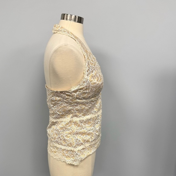 Y2K Cache Lace Halter Top L  Ivory & Nude Lingerie Inspired Scalloped Festival - Picture 3 of 9